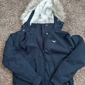 Hollister Dark Blue Puffer Jacket with Faux Fur Hood